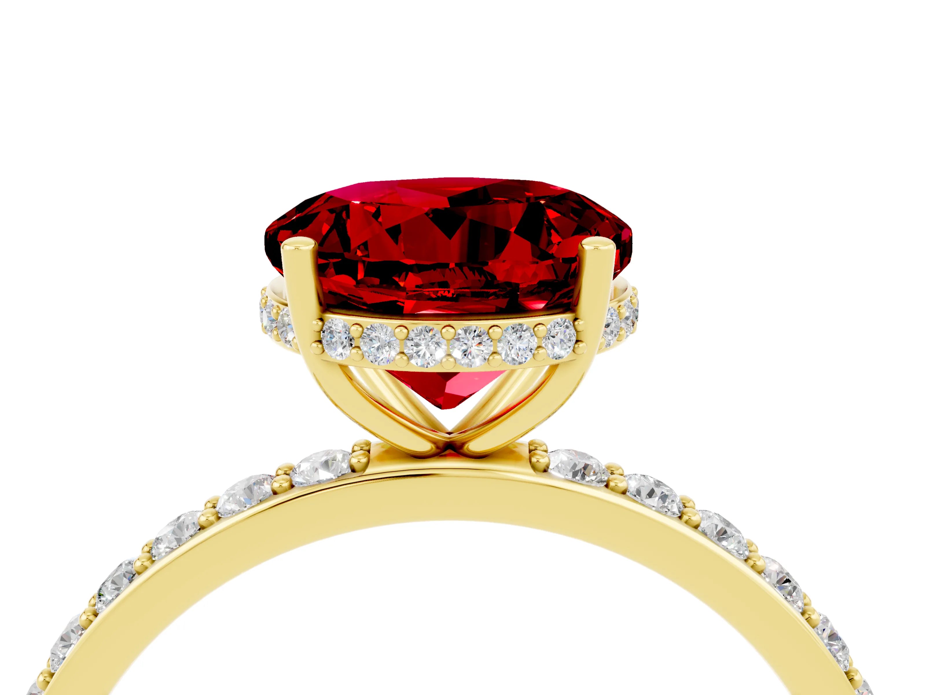 Yellow gold Round Cut Ruby Solitaire Ring with Pavé Band and Hidden Halo_16