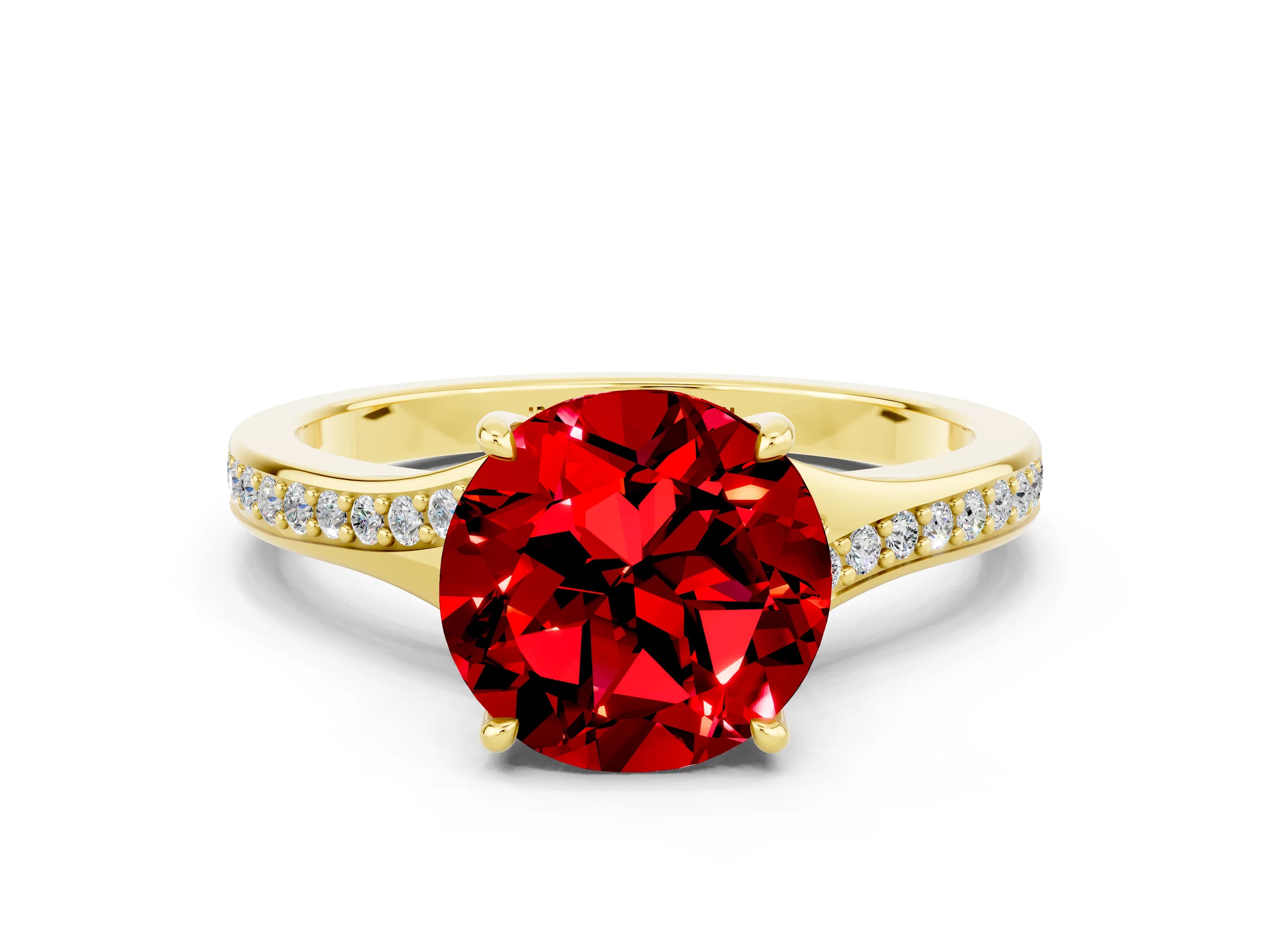 Yellow gold Round Cut Ruby Solitaire Ring with Pavé Band and Prong Setting