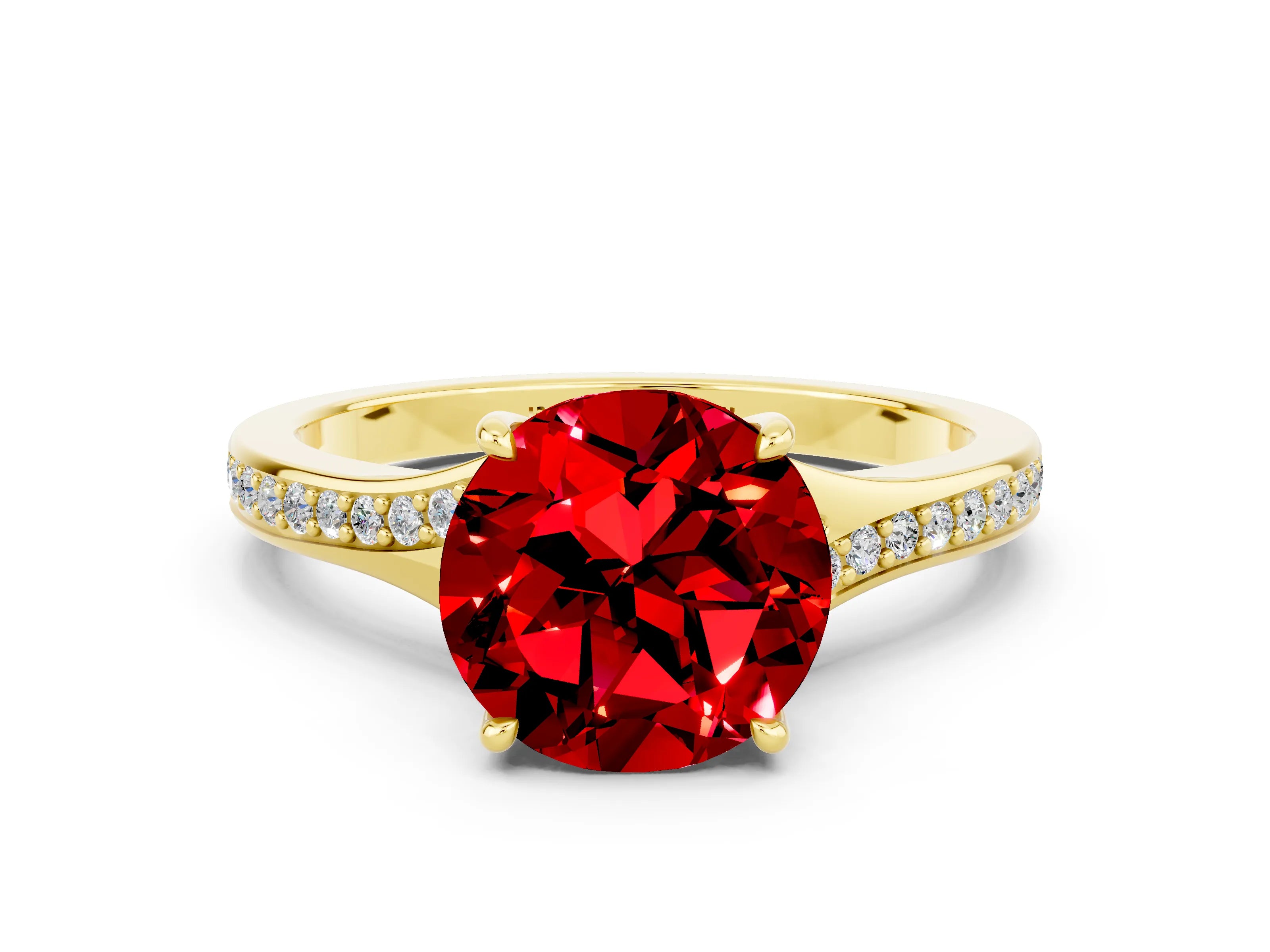 Yellow gold Round Cut Ruby Solitaire Ring with Pavé Band and Prong Setting_12