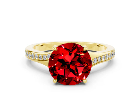 Yellow gold Round Cut Ruby Solitaire Ring with Pavé Band and Prong Setting_12