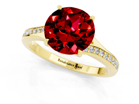 Yellow gold Round Cut Ruby Solitaire Ring with Pavé Band and Prong Setting_13