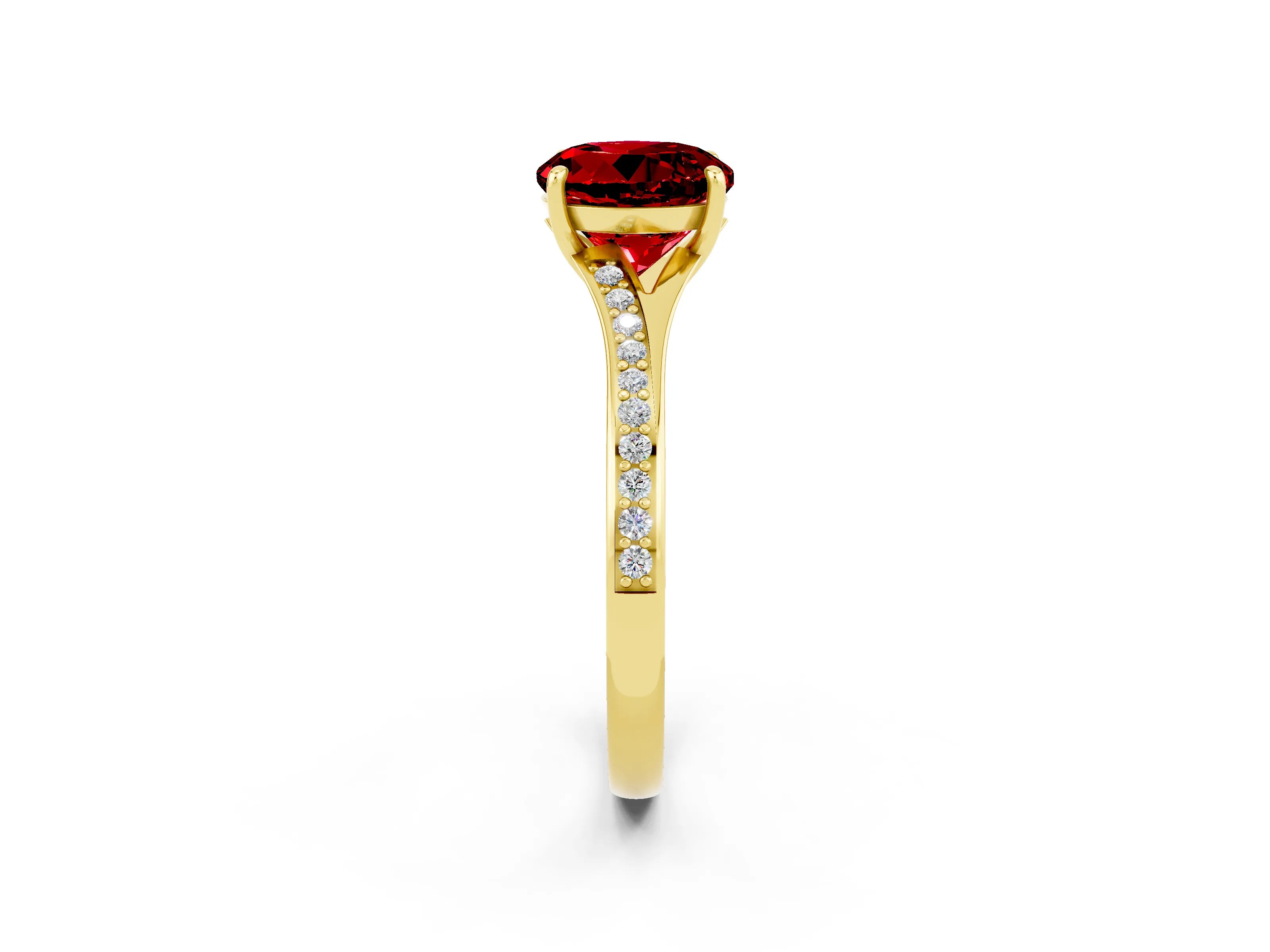 Yellow gold Round Cut Ruby Solitaire Ring with Pavé Band and Prong Setting_14