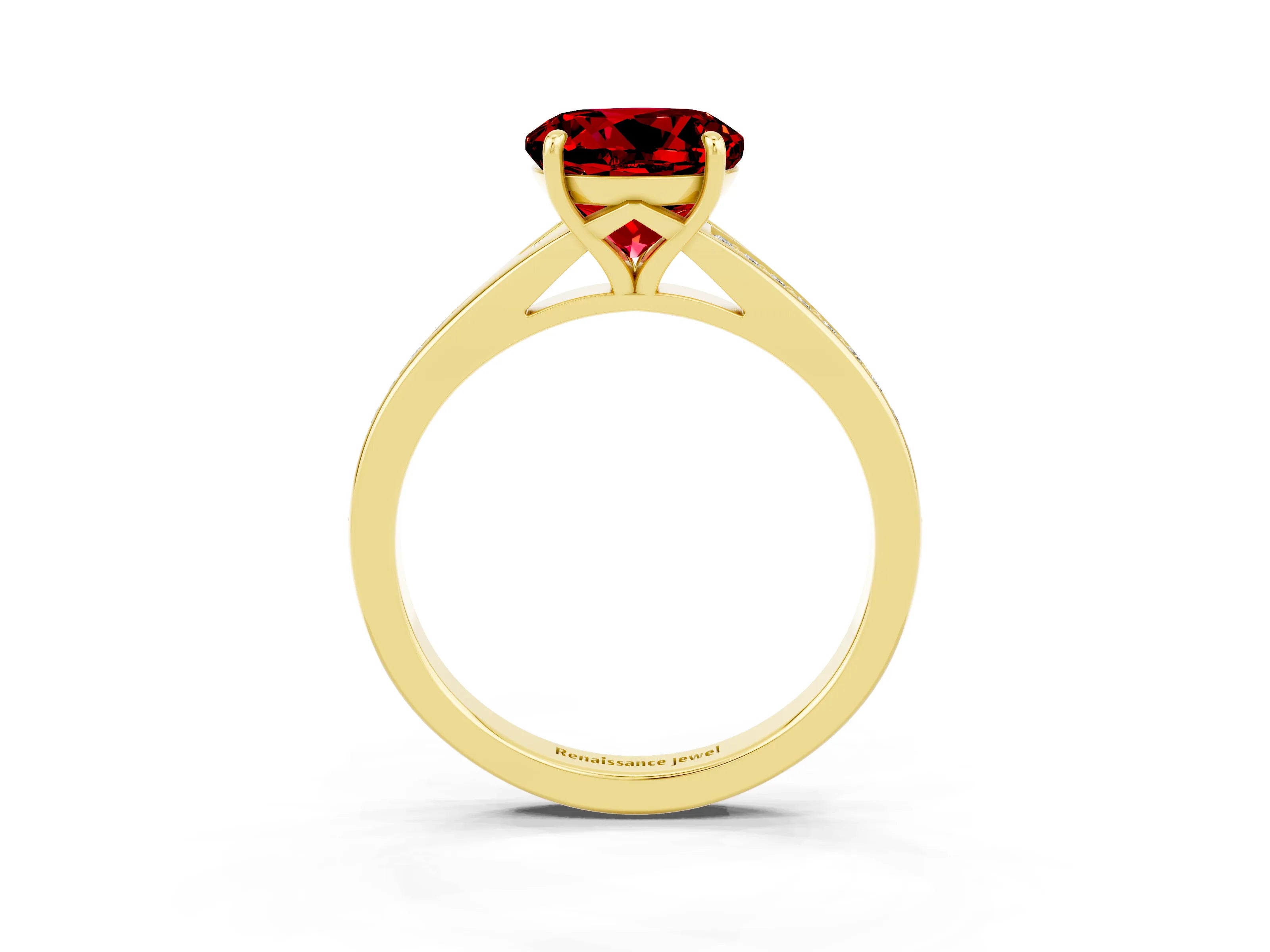 Yellow gold Round Cut Ruby Solitaire Ring with Pavé Band and Prong Setting_15