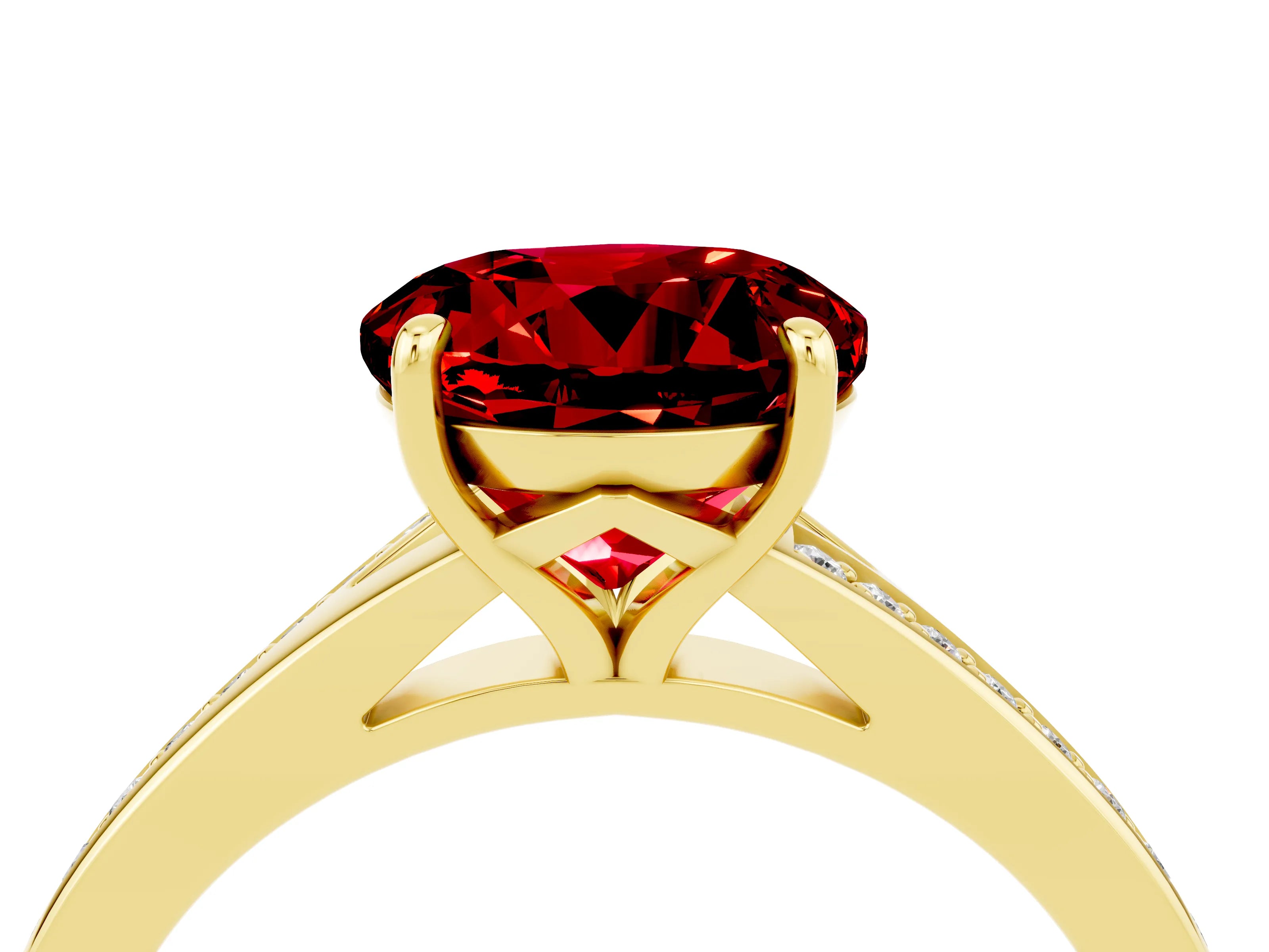 Yellow gold Round Cut Ruby Solitaire Ring with Pavé Band and Prong Setting_16