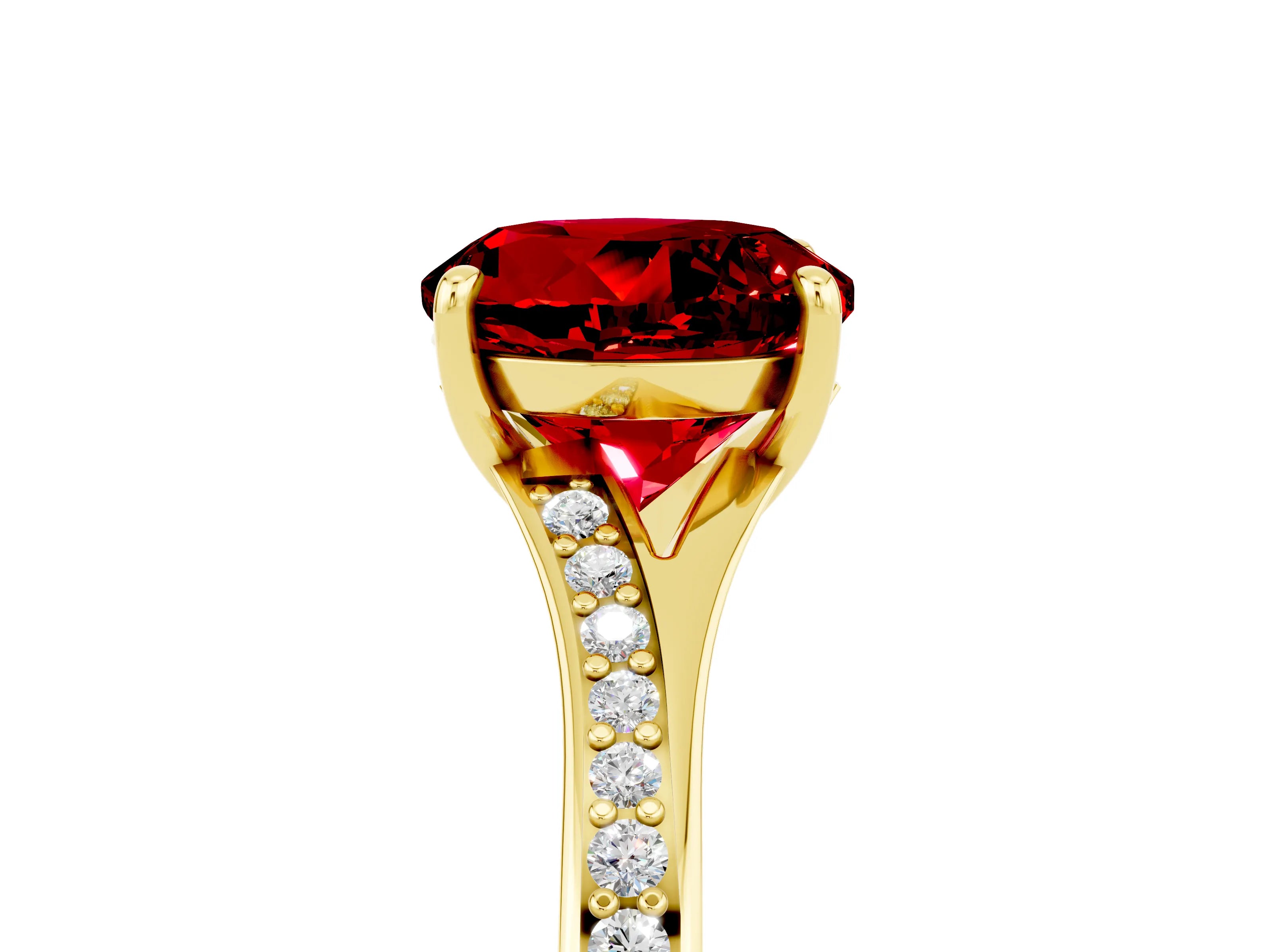 Yellow gold Round Cut Ruby Solitaire Ring with Pavé Band and Prong Setting_17