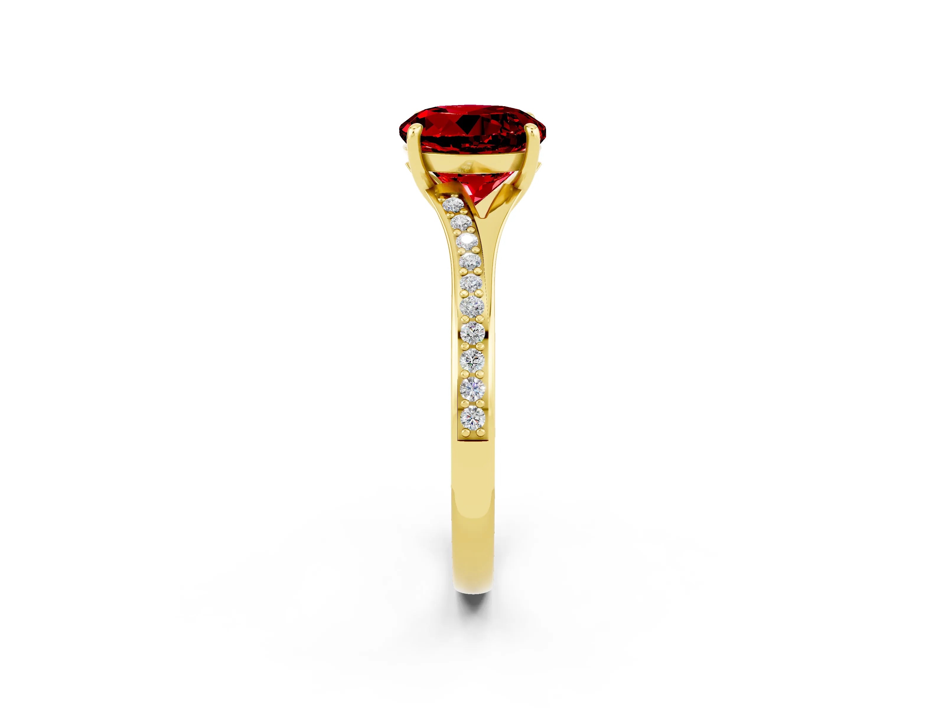 Yellow gold Round Cut Ruby Solitaire Ring with Pavé Band and Prong Setting_2