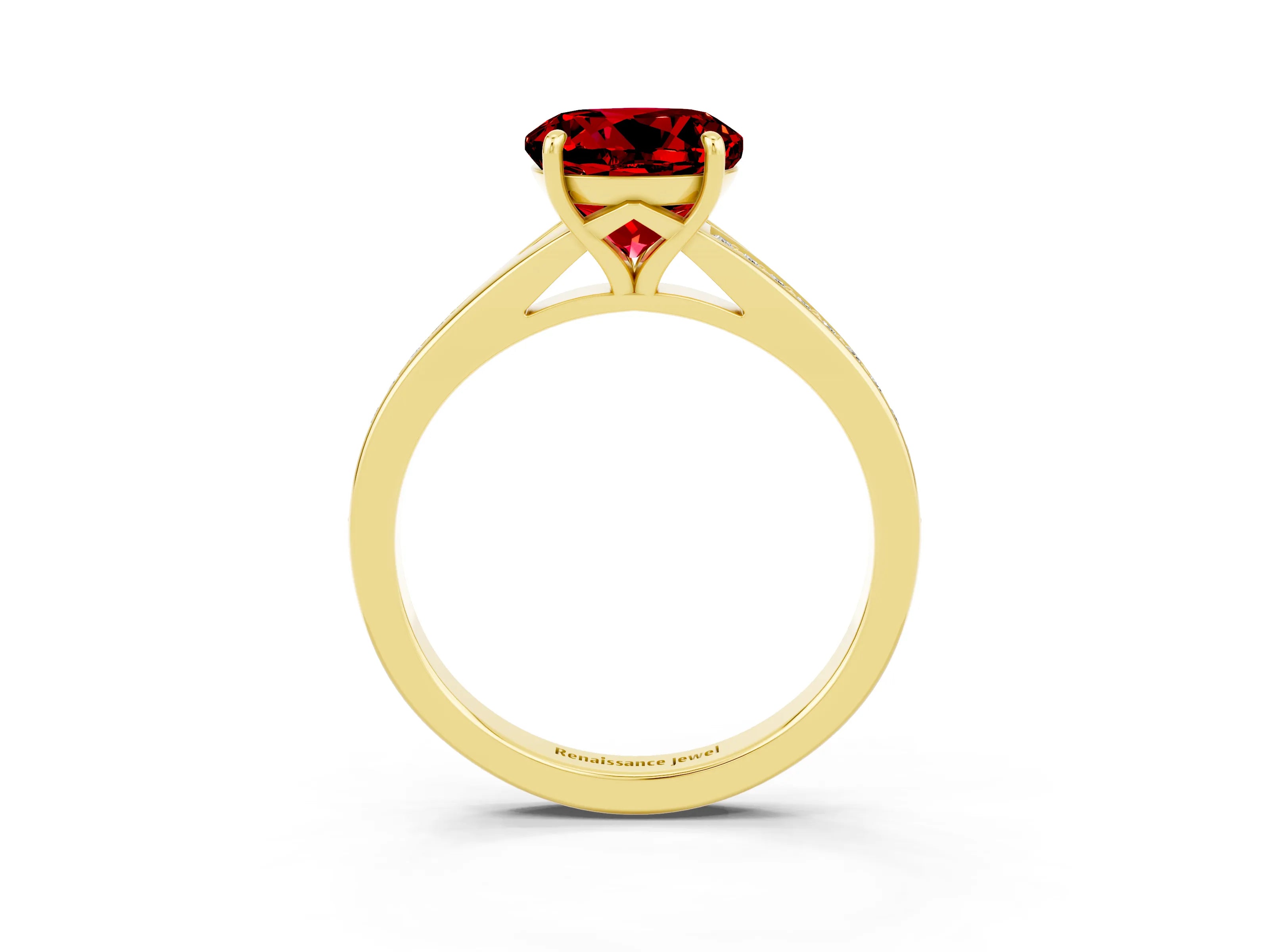 Yellow gold Round Cut Ruby Solitaire Ring with Pavé Band and Prong Setting_3