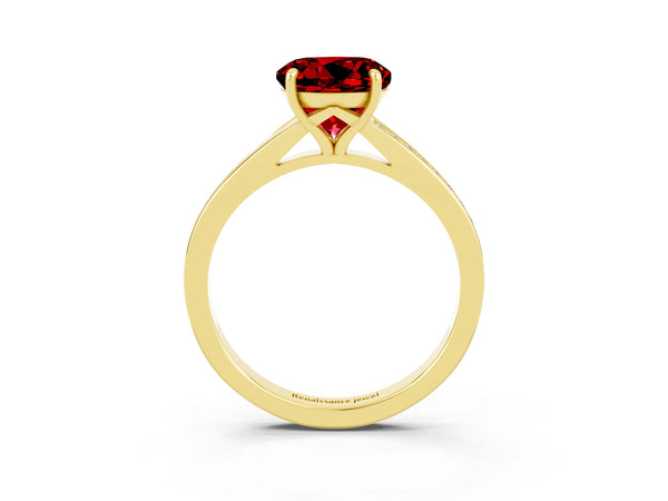 Yellow gold Round Cut Ruby Solitaire Ring with Pavé Band and Prong Setting