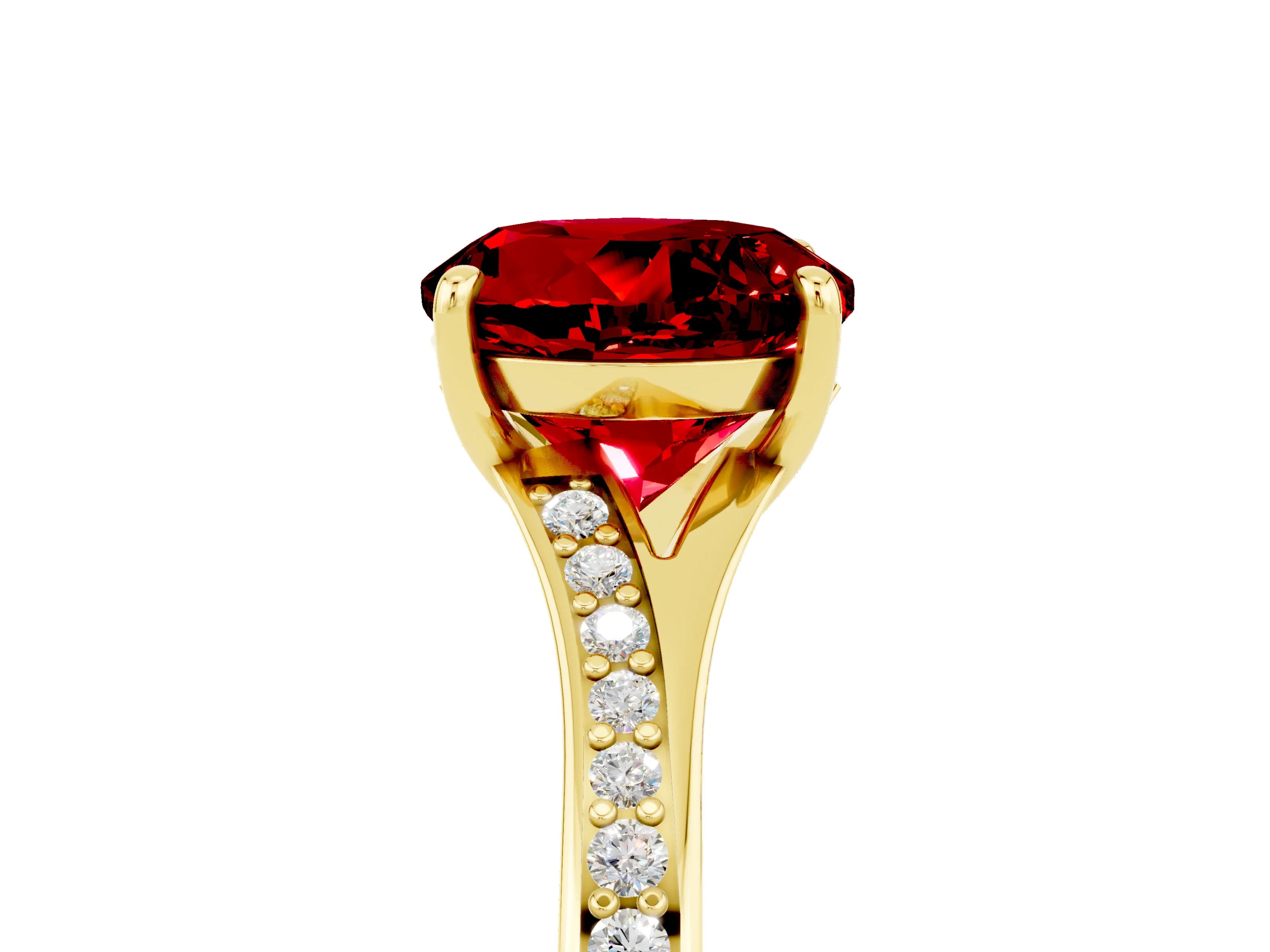 Yellow gold Round Cut Ruby Solitaire Ring with Pavé Band and Prong Setting_5
