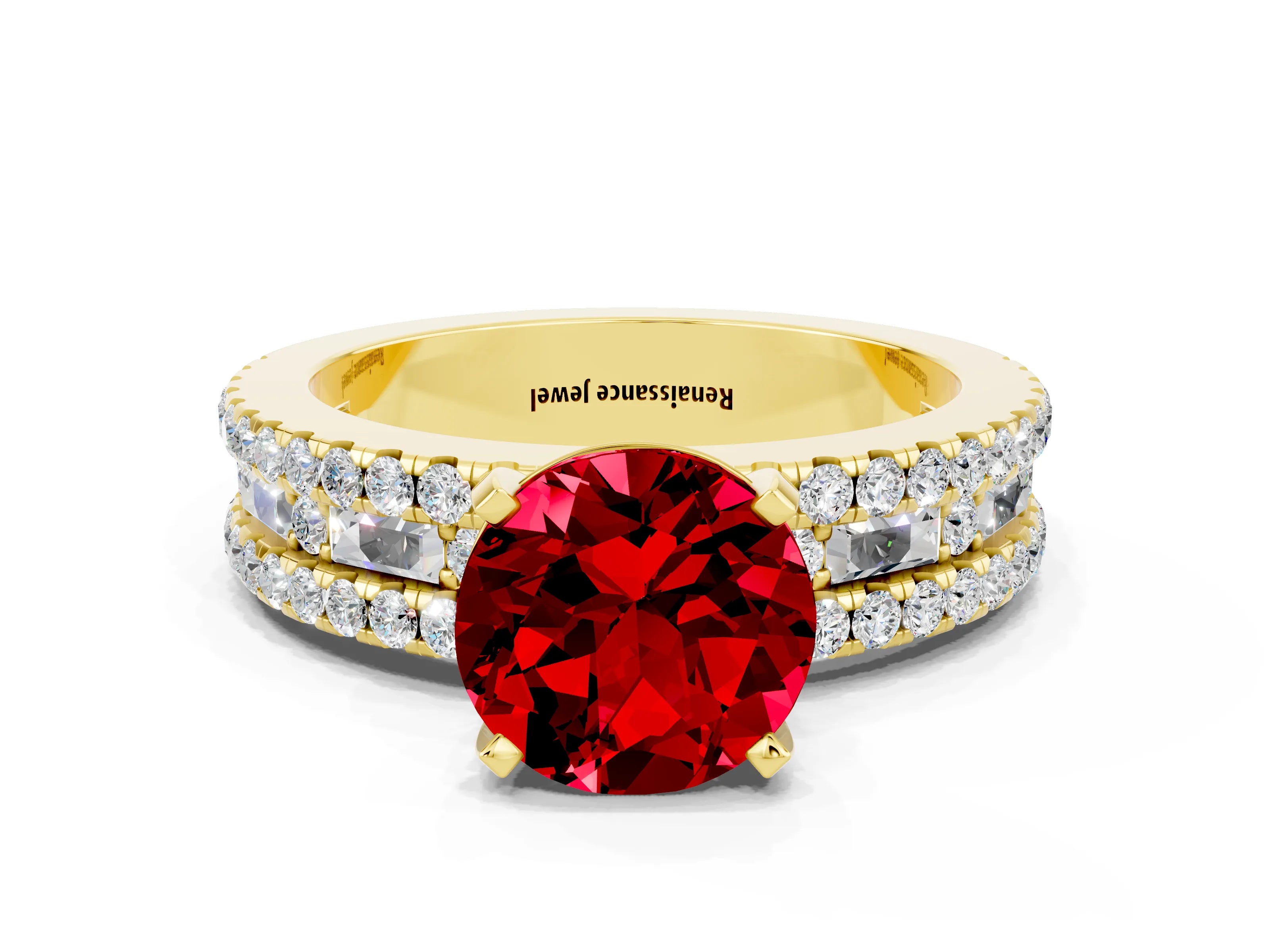 Yellow gold Round Cut Ruby Solitaire Ring with Pavé and Channel Set Band