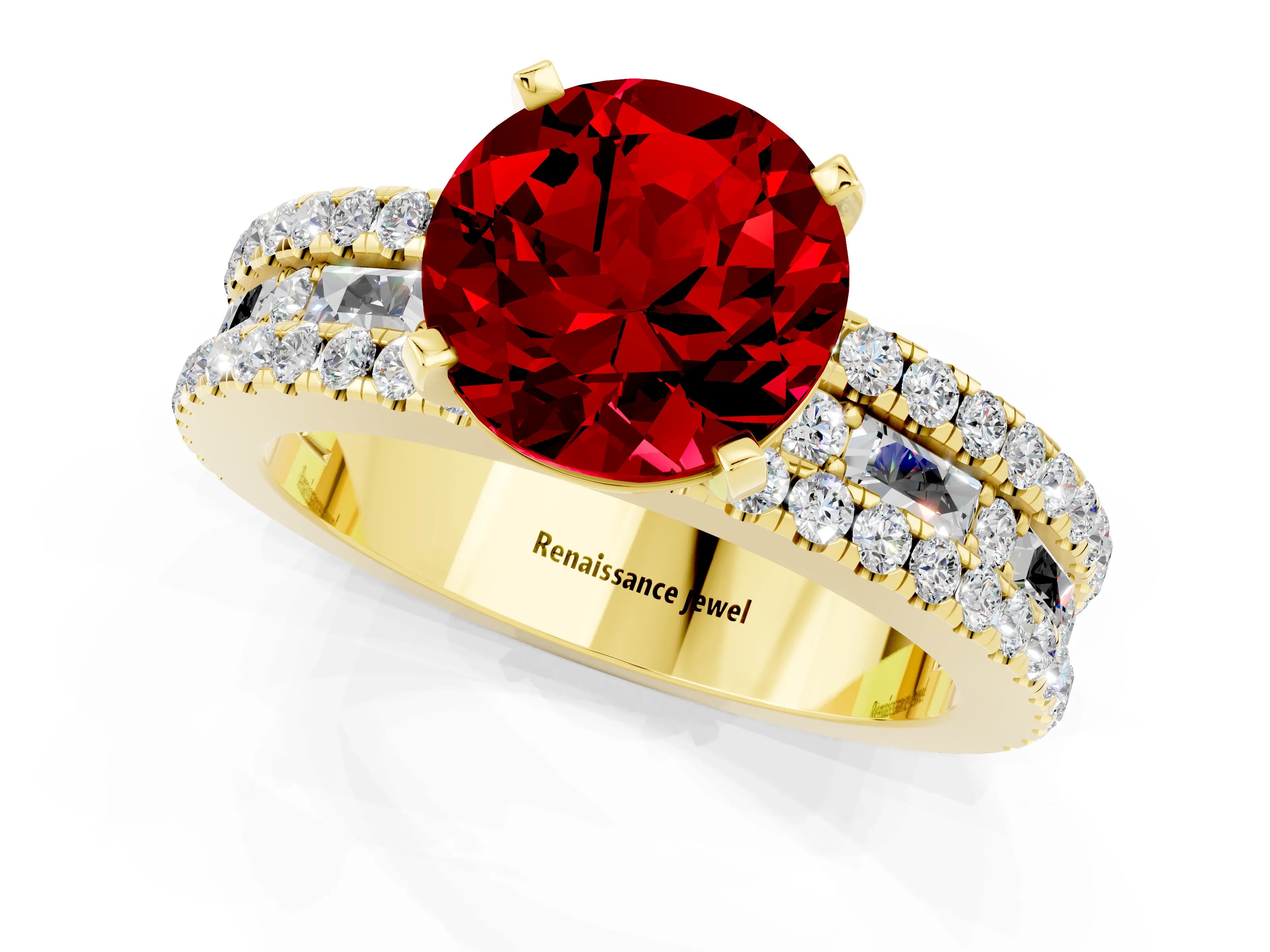Yellow gold Round Cut Ruby Solitaire Ring with Pavé and Channel Set Band_1