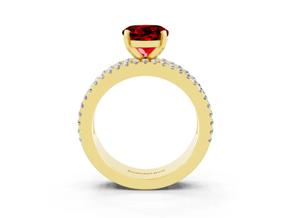 Yellow gold Round Cut Ruby Solitaire Ring with Pavé and Channel Set Band