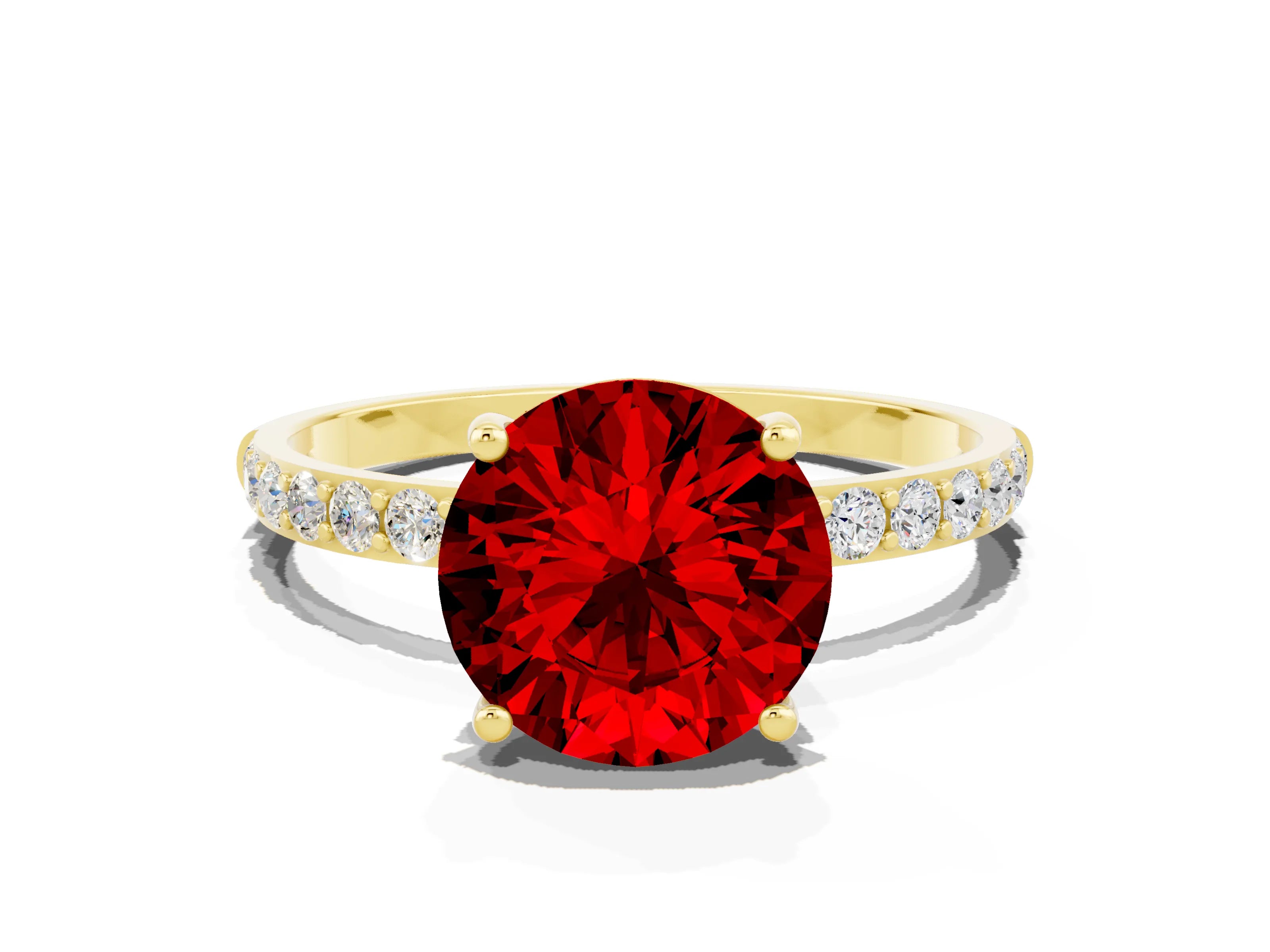 Yellow gold Round Cut Ruby Solitaire Ring with Pave Band and Four Prong Setting_24