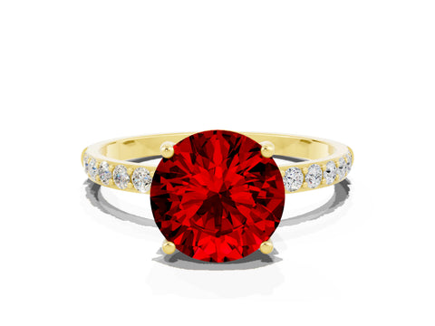 Yellow gold Round Cut Ruby Solitaire Ring with Pave Band and Four Prong Setting_24