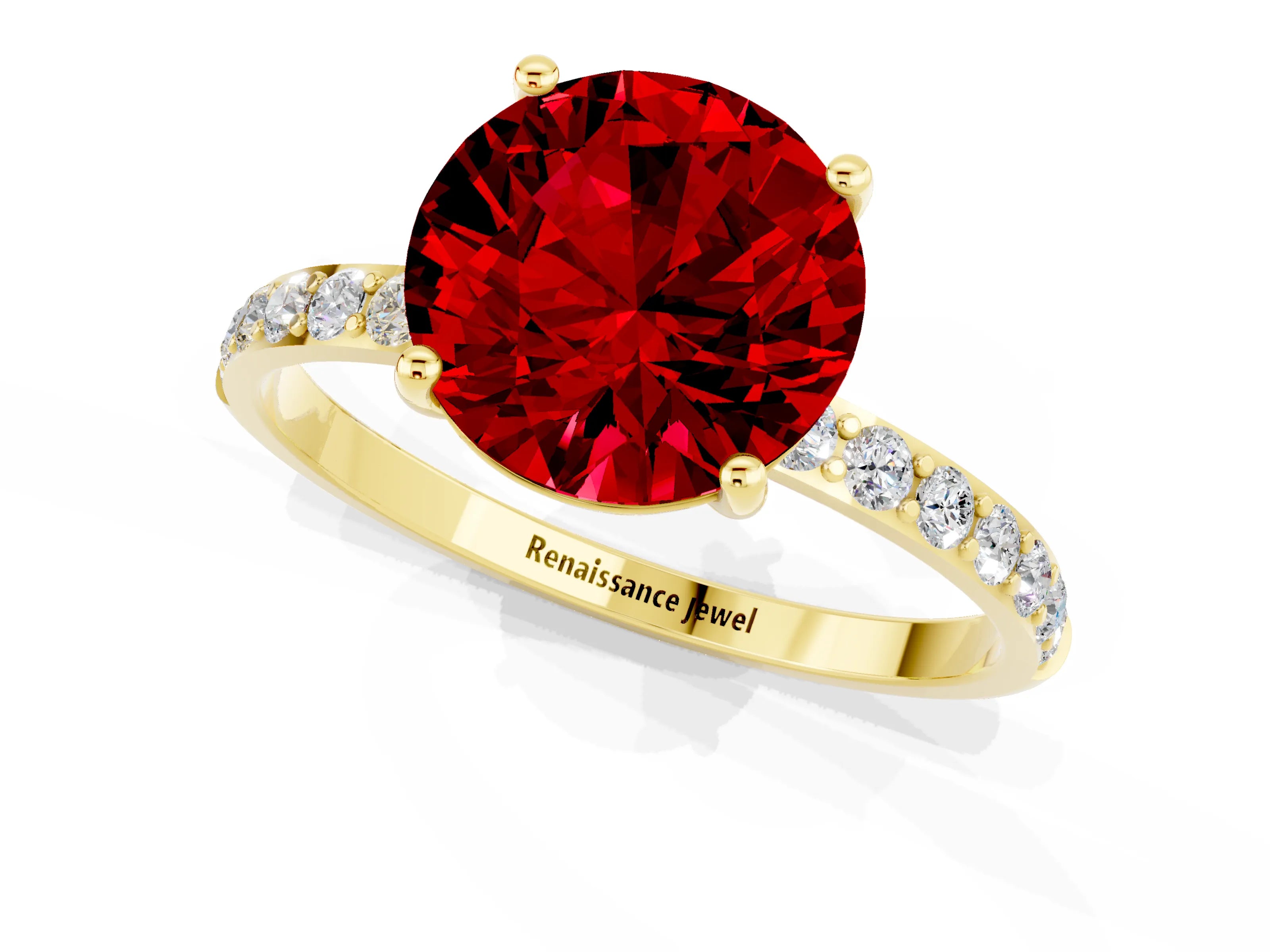 Yellow gold Round Cut Ruby Solitaire Ring with Pave Band and Four Prong Setting_25