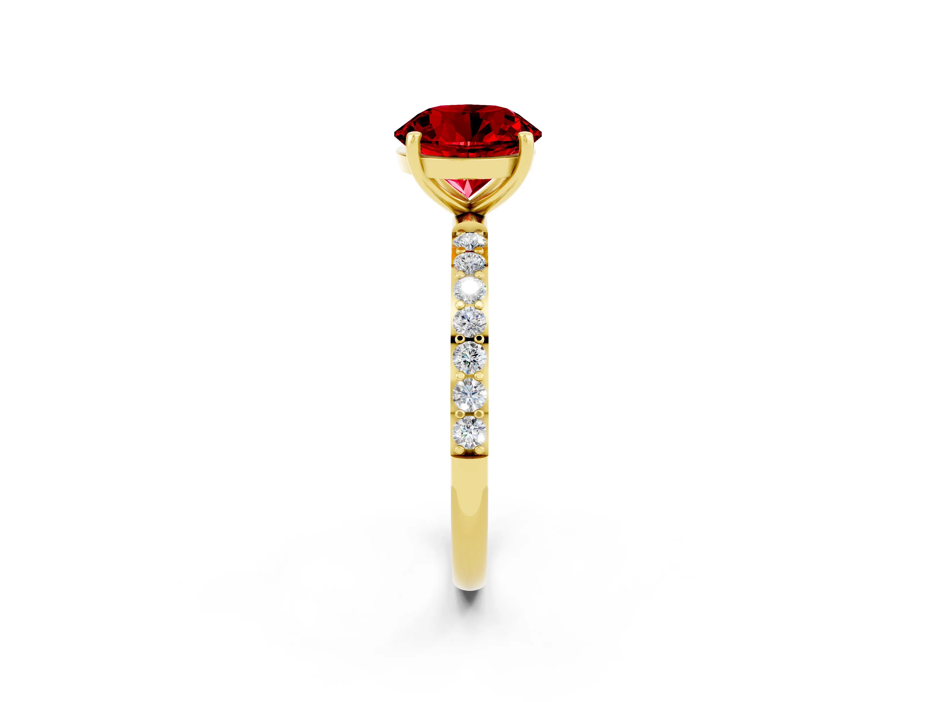 Yellow gold Round Cut Ruby Solitaire Ring with Pave Band and Four Prong Setting_26