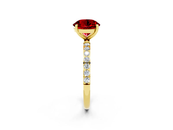 Yellow gold Round Cut Ruby Solitaire Ring with Round  Pavé Band and Prong Setting