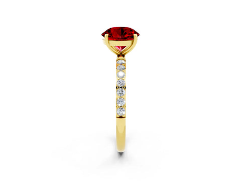 Yellow gold Round Cut Ruby Solitaire Ring with Pave Band and Four Prong Setting_26