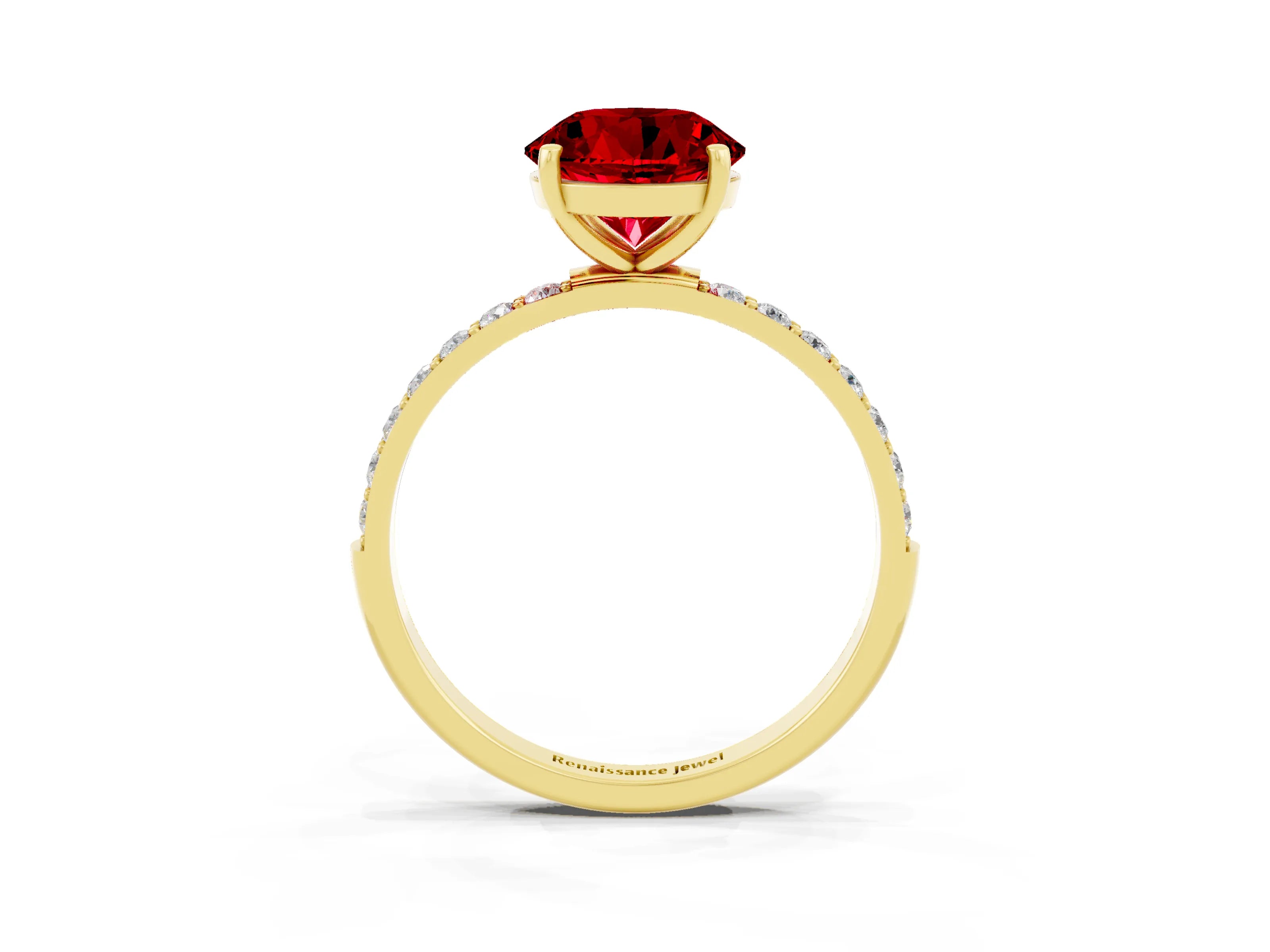 Yellow gold Round Cut Ruby Solitaire Ring with Pave Band and Four Prong Setting_27