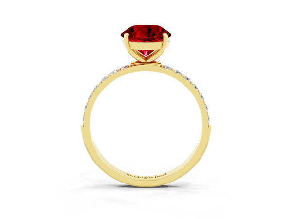 Yellow gold Round Cut Ruby Solitaire Ring with Round  Pavé Band and Prong Setting