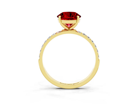 Yellow gold Round Cut Ruby Solitaire Ring with Pave Band and Four Prong Setting_27