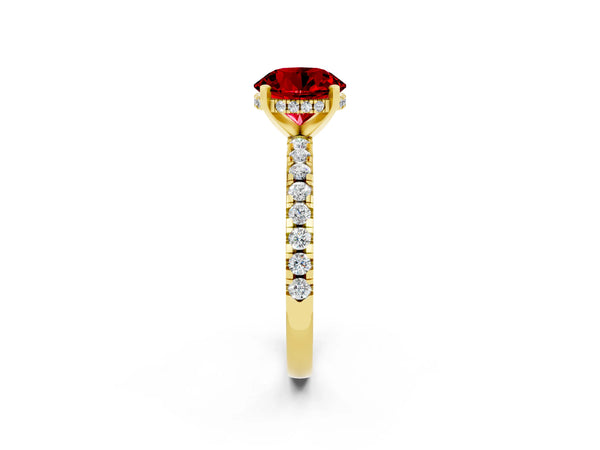Yellow Gold Round Lab-Grown Ruby Hidden Halo Engagement Ring with Pave Band