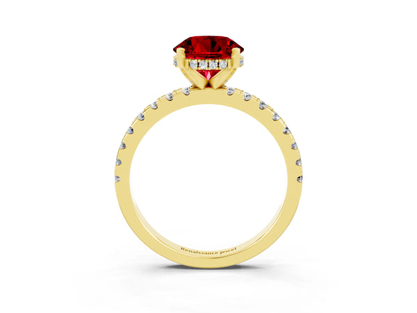 Yellow Gold Round Lab-Grown Ruby Hidden Halo Engagement Ring with Pave Band