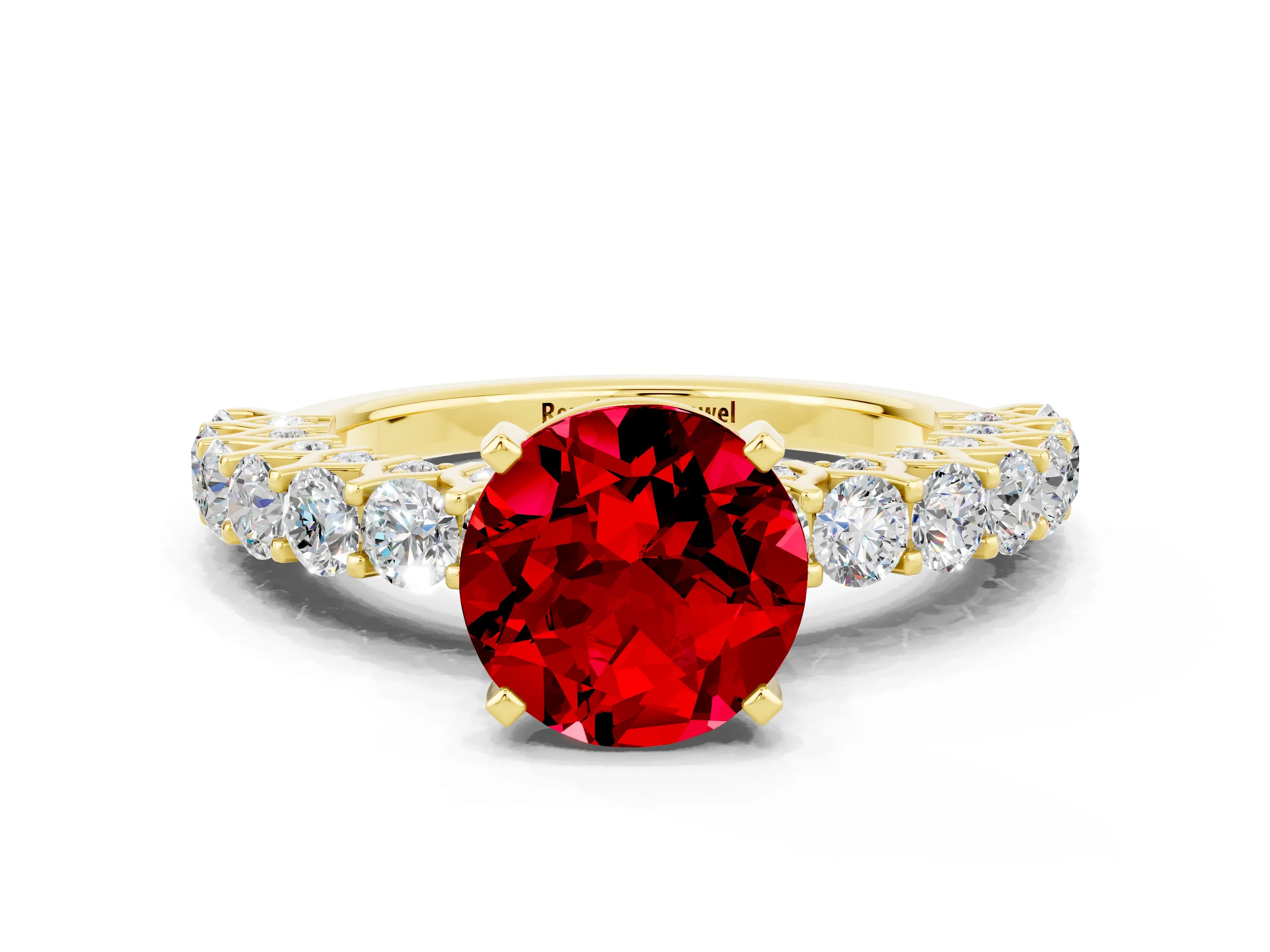 Yellow gold Round Cut Ruby Solitaire Ring with Shared Prong Pavé Band and Four-Prong Setting