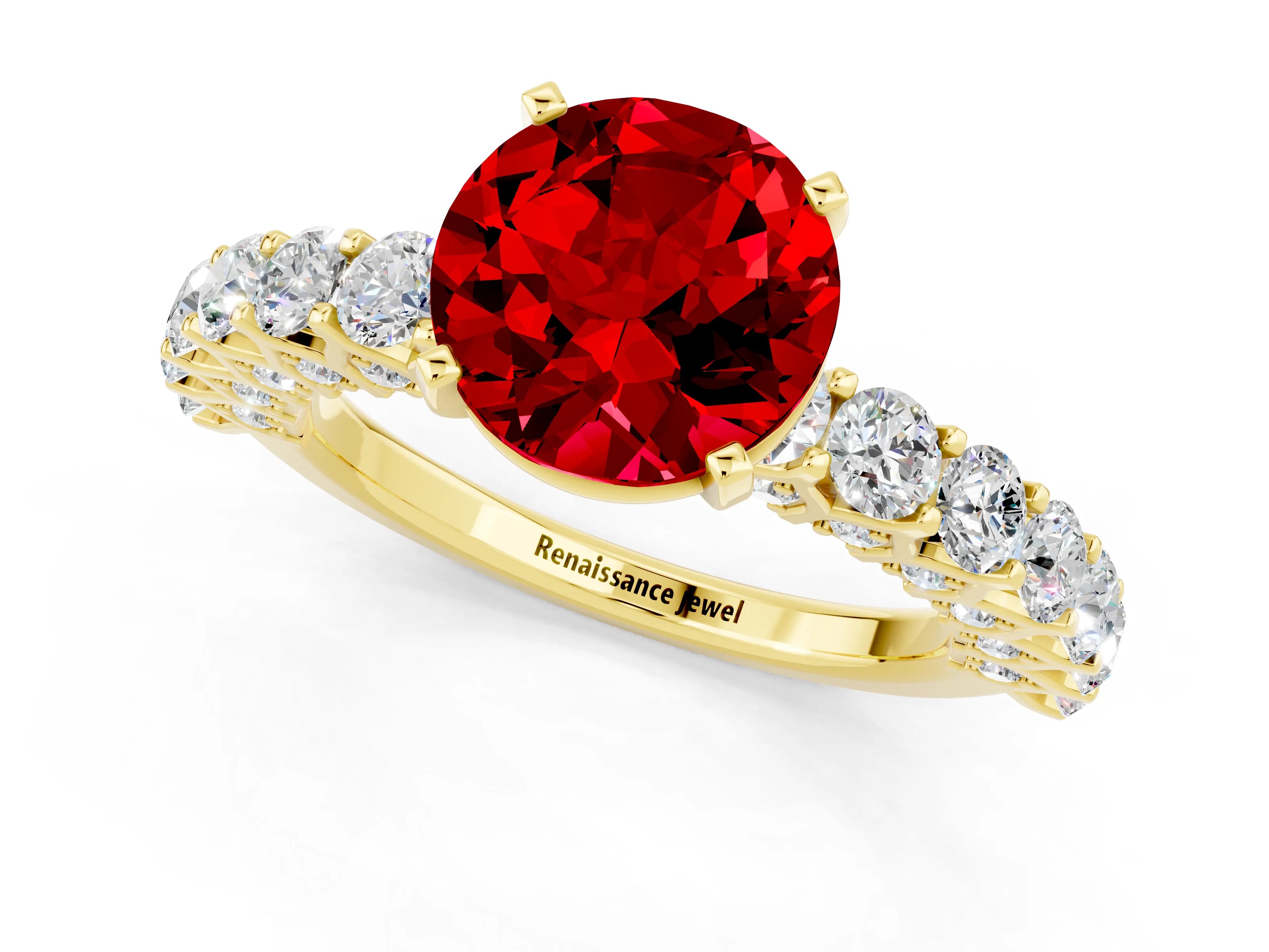 Yellow gold Round Cut Ruby Solitaire Ring with Shared Prong Pavé Band and Four-Prong Setting_1