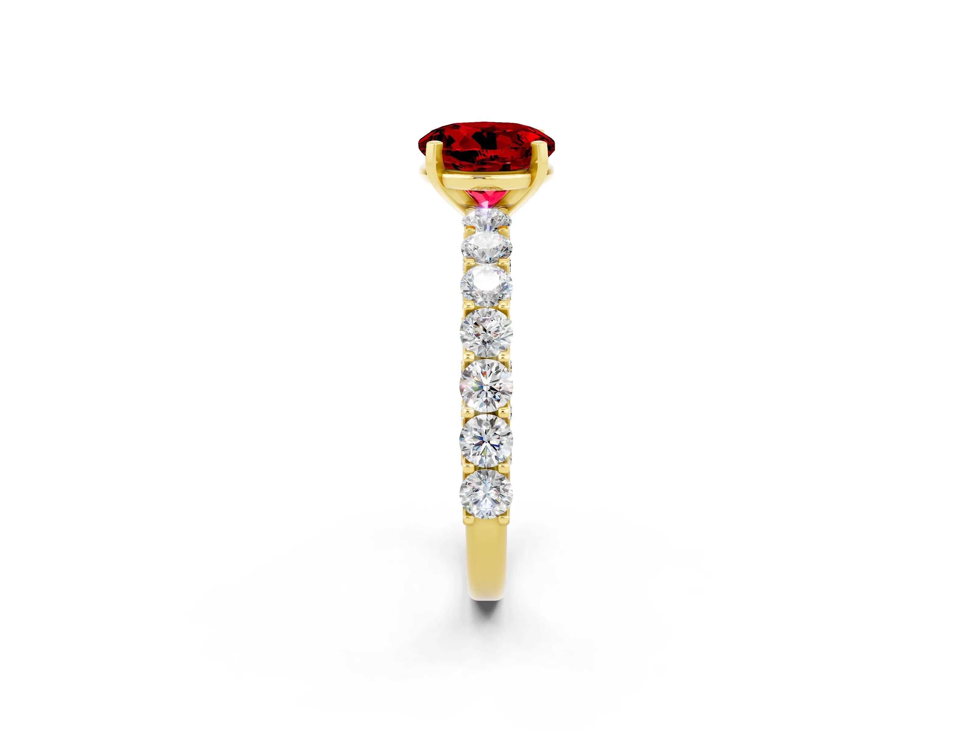 Yellow gold Round Cut Ruby Solitaire Ring with Shared Prong Pavé Band and Four-Prong Setting_2