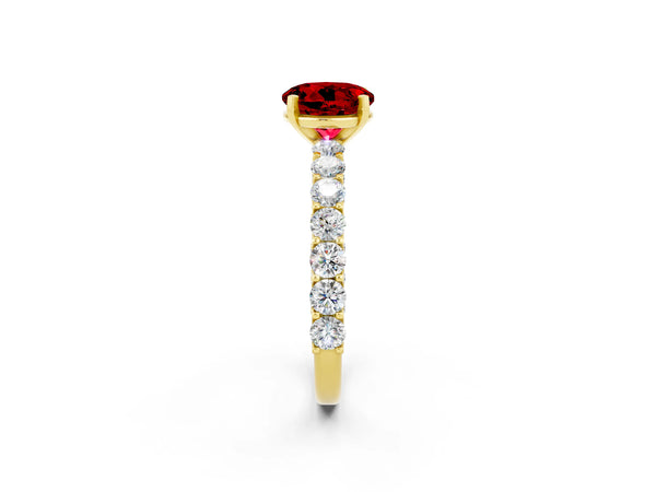 Yellow gold Round Cut Ruby Solitaire Ring with Shared Prong Pavé Band and Four-Prong Setting