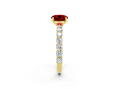 Yellow gold Round Cut Ruby Solitaire Ring with Shared Prong Pavé Band and Four-Prong Setting_2