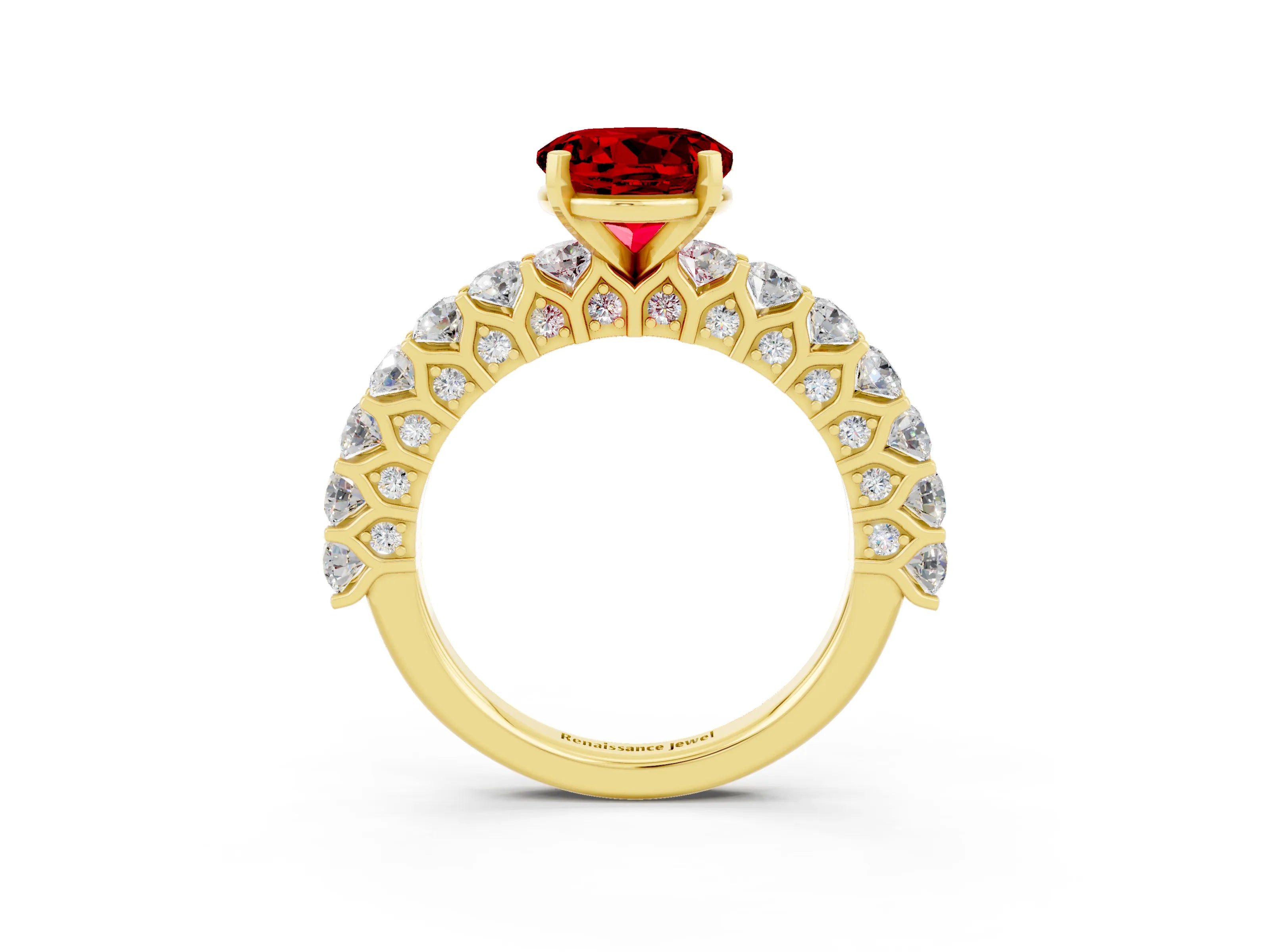 Yellow gold Round Cut Ruby Solitaire Ring with Shared Prong Pavé Band and Four-Prong Setting_3