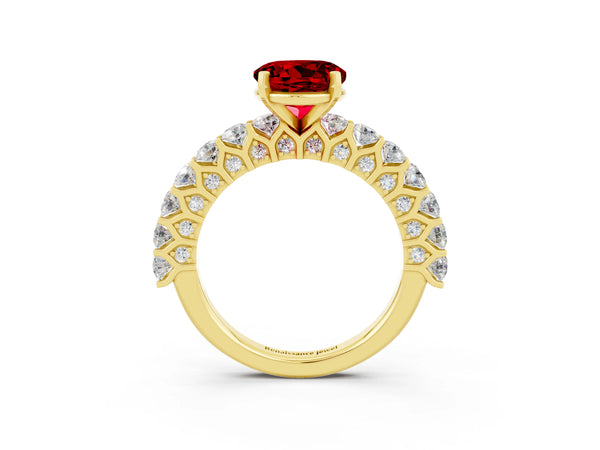 Yellow gold Round Cut Ruby Solitaire Ring with Shared Prong Pavé Band and Four-Prong Setting
