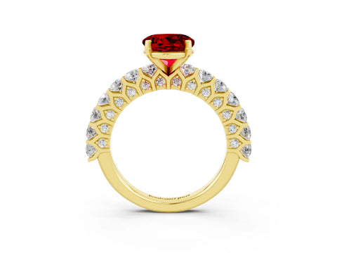 Yellow gold Round Cut Ruby Solitaire Ring with Shared Prong Pavé Band and Four-Prong Setting_3