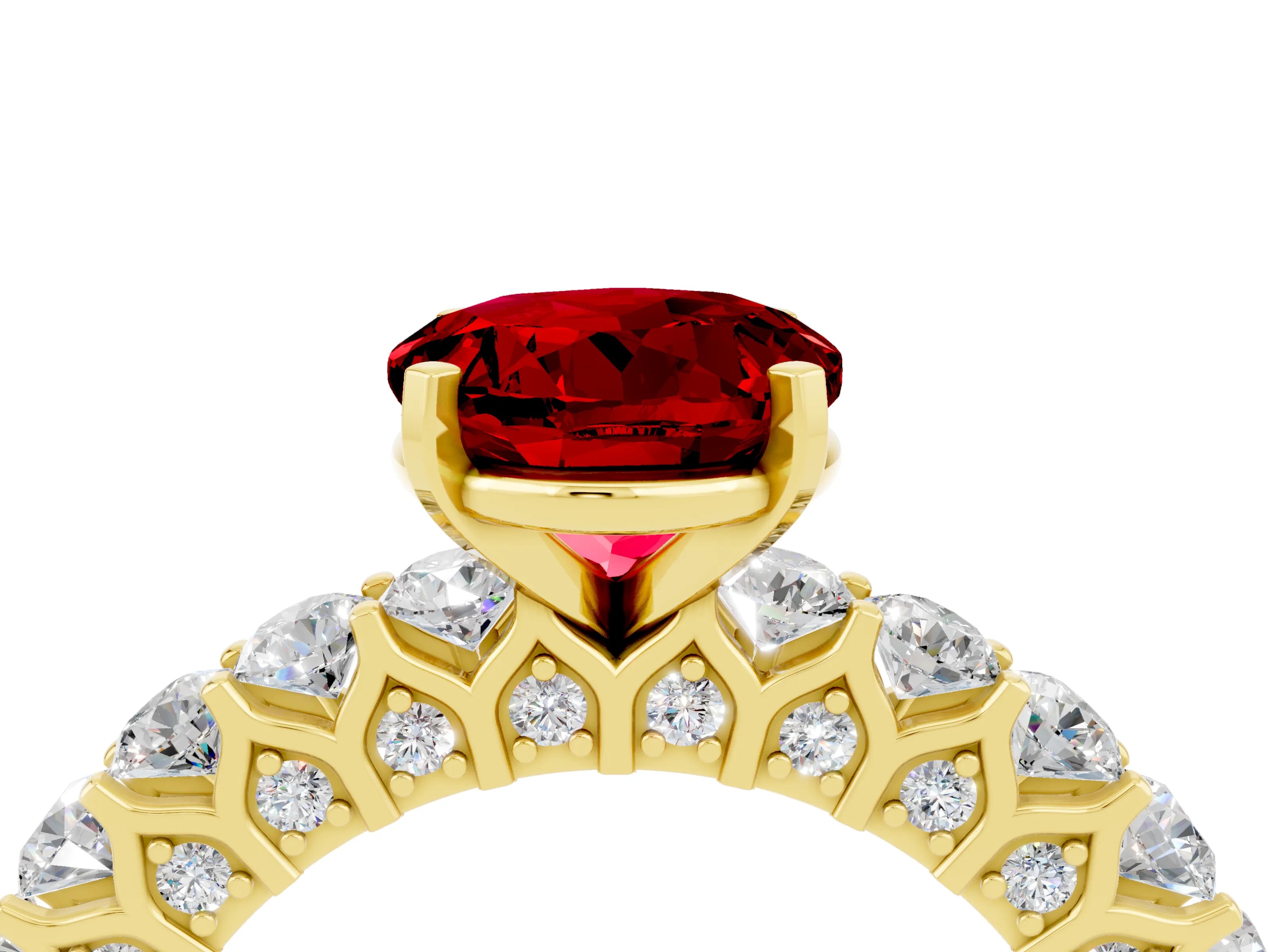 Yellow gold Round Cut Ruby Solitaire Ring with Shared Prong Pavé Band and Four-Prong Setting_4