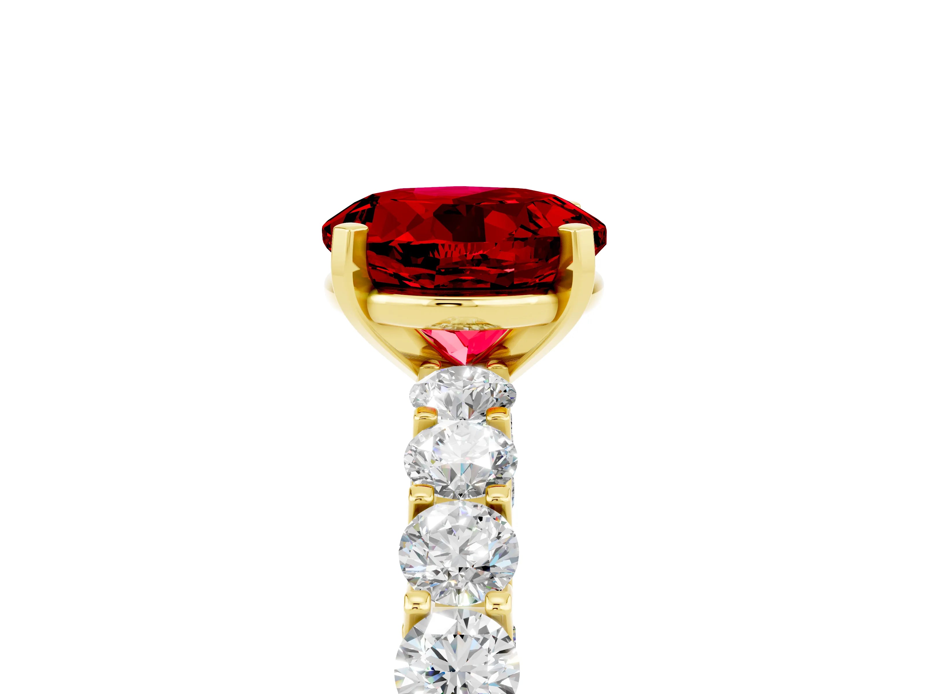 Yellow gold Round Cut Ruby Solitaire Ring with Shared Prong Pavé Band and Four-Prong Setting_5