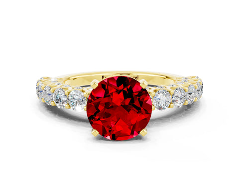Yellow gold Round Cut Ruby Solitaire Ring with Shared Prong Pavé Band and Four-Prong Setting