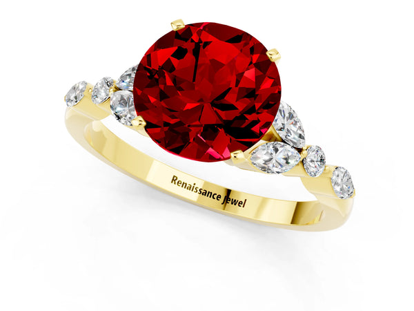 Yellow gold Round Cut Ruby Solitaire Ring with Side Stones and Four-Prong Setting