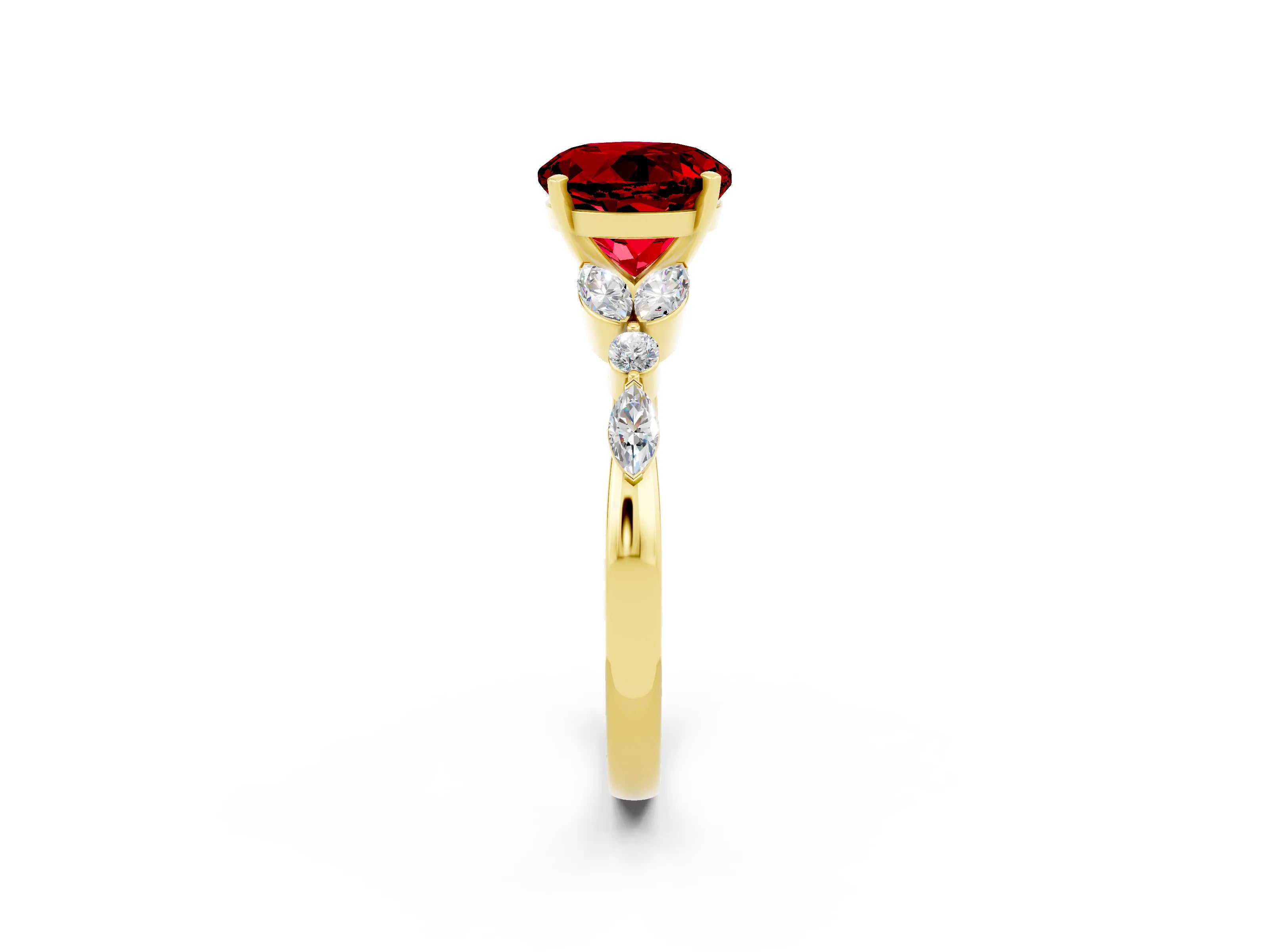 Yellow gold Round Cut Ruby Solitaire Ring with Side Stones and Four-Prong Setting_14