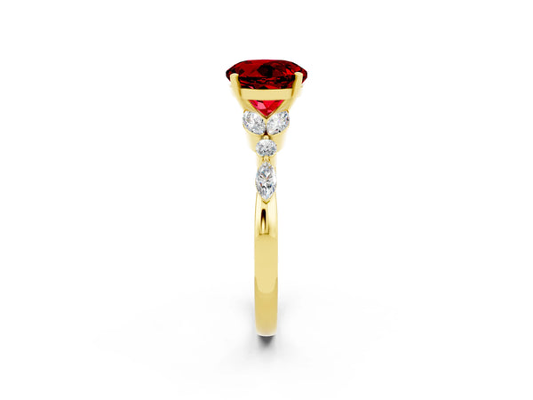 Yellow gold Round Cut Ruby Solitaire Ring with Side Stones and Four-Prong Setting