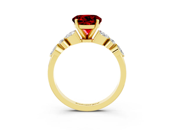 Yellow gold Round Cut Ruby Solitaire Ring with Side Stones and Four-Prong Setting