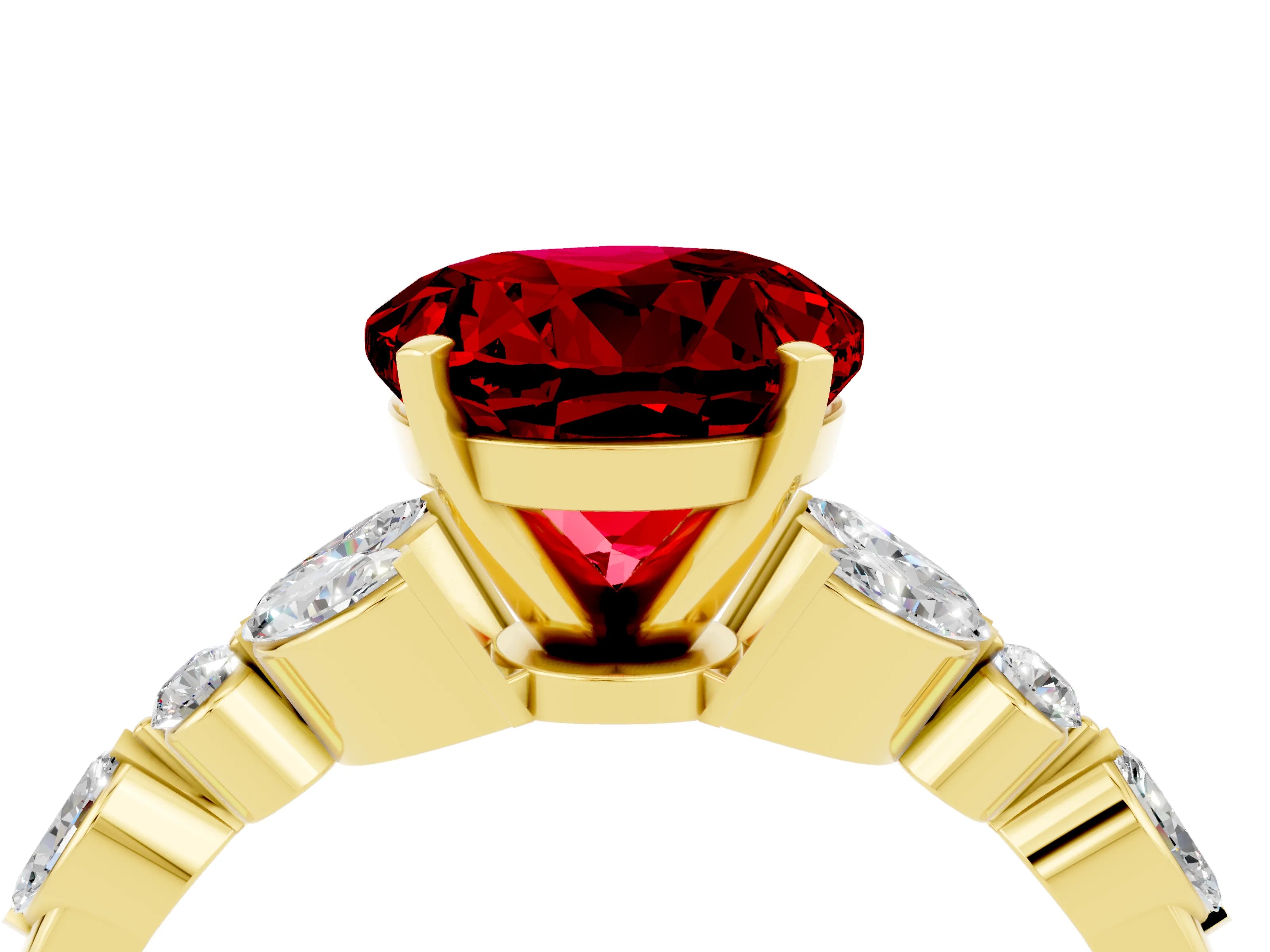 Yellow gold Round Cut Ruby Solitaire Ring with Side Stones and Four-Prong Setting_16