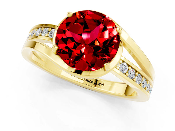 Yellow gold Round Cut Ruby Solitaire Ring with Split Shank and Prong Setting