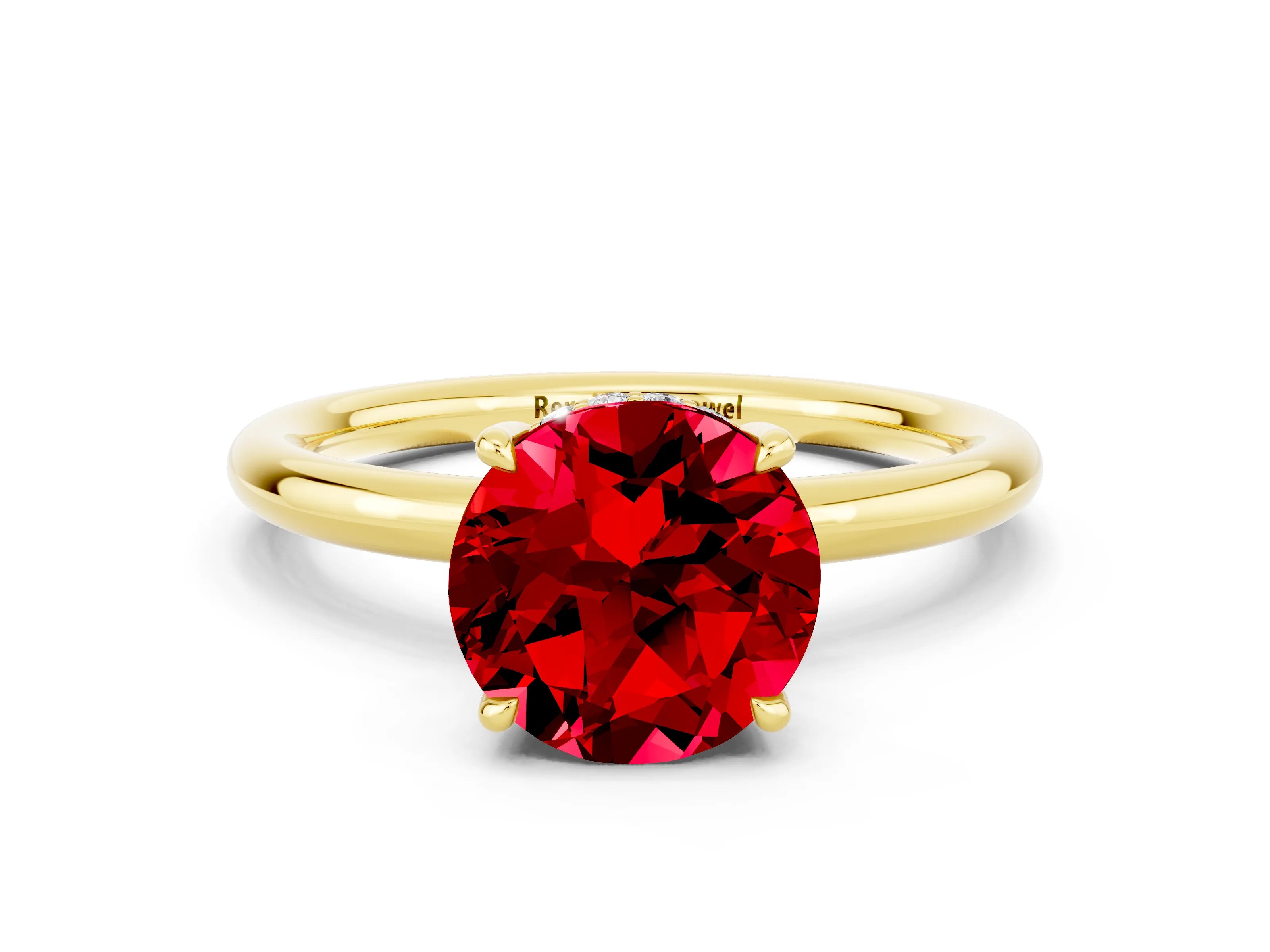 Yellow gold Round Cut Ruby Solitaire Ring with Thin Band and Four-Prong Setting_12