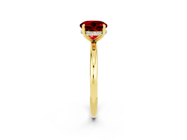 Yellow gold Round Cut Ruby Solitaire Ring with Thin Band and Four-Prong Setting