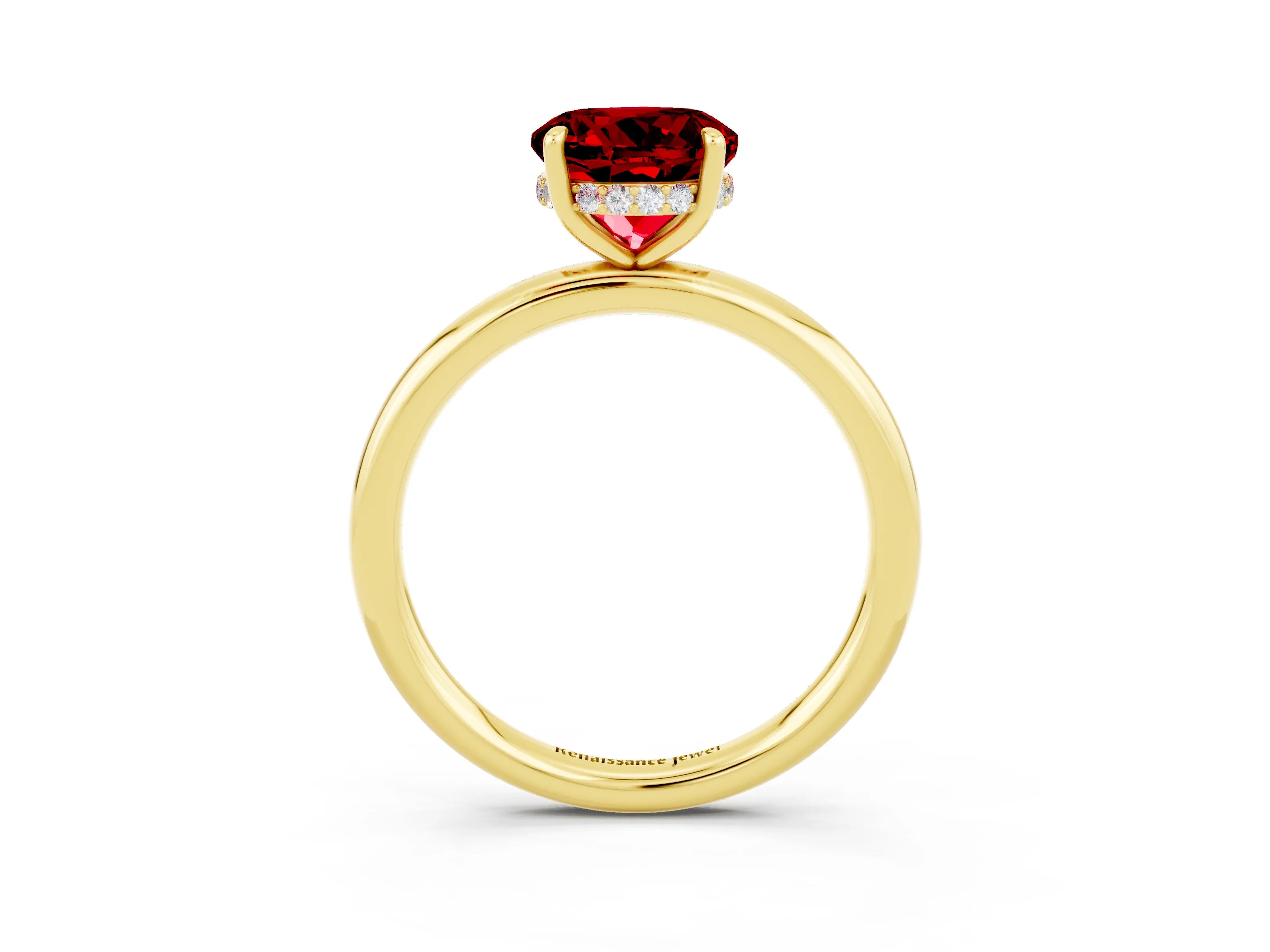 Yellow gold Round Cut Ruby Solitaire Ring with Thin Band and Four-Prong Setting_15