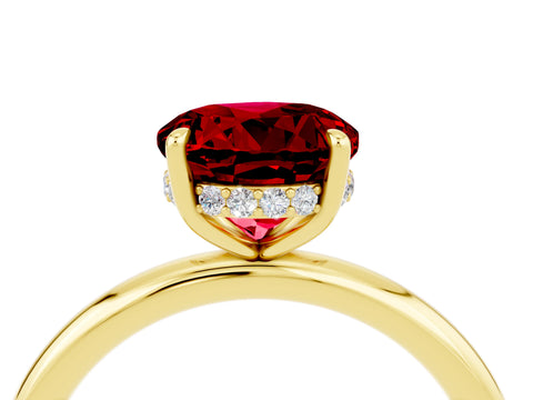 Yellow gold Round Cut Ruby Solitaire Ring with Thin Band and Four-Prong Setting_16