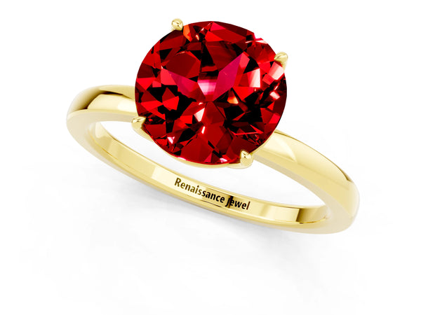 Yellow gold Round Cut Ruby Solitaire Ring with Thin Band and Prong Setting