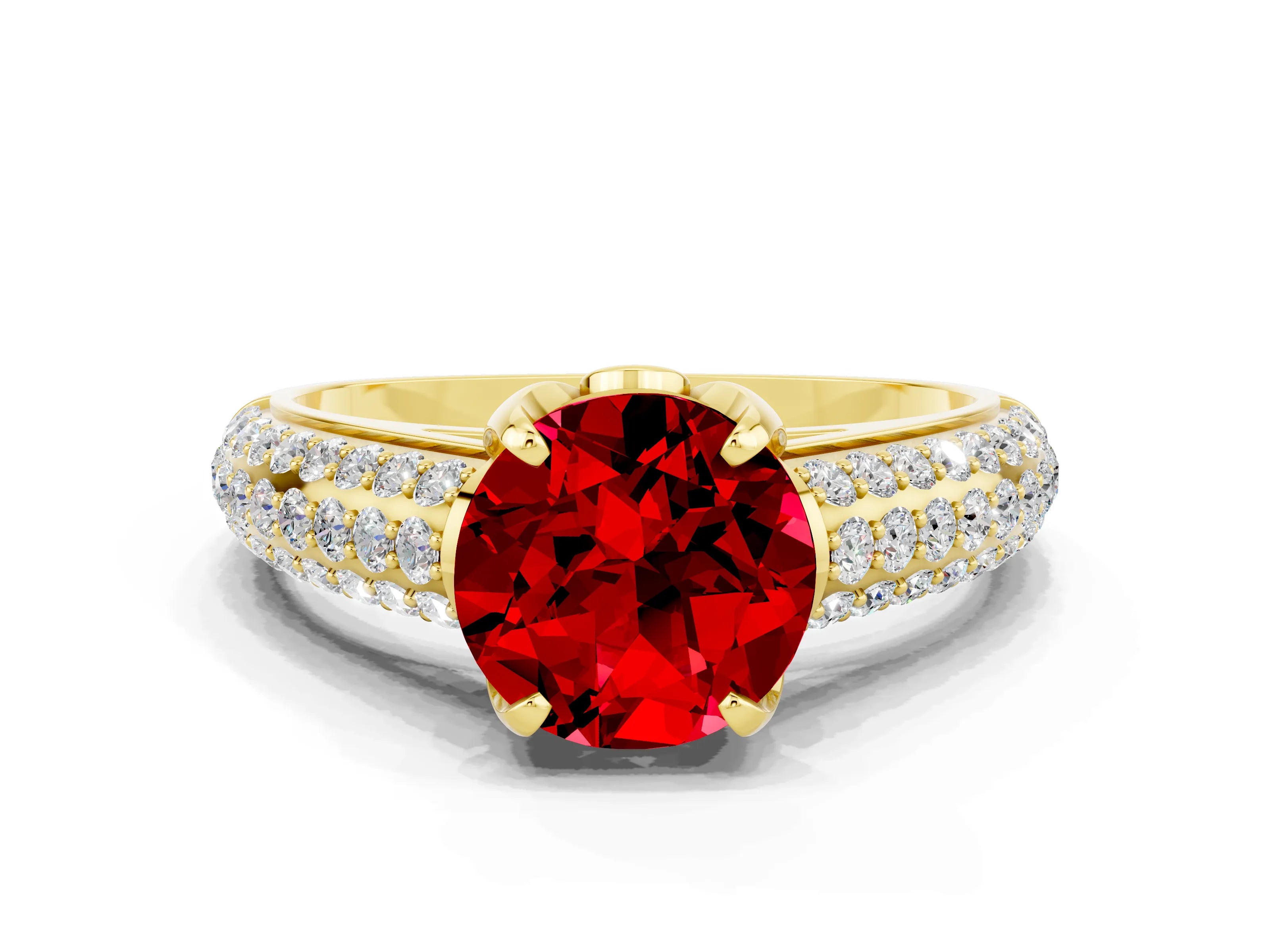 Yellow gold Round Cut Ruby Solitaire Ring with Three-Row Pavé Band and Four-Prong Setting_12